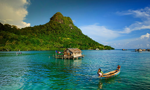 bateau, enfants, nuages, forêt, Indonésie, île, paysage, palmiers, mer, tropical, eau, Fond d'écran HD HD wallpaper