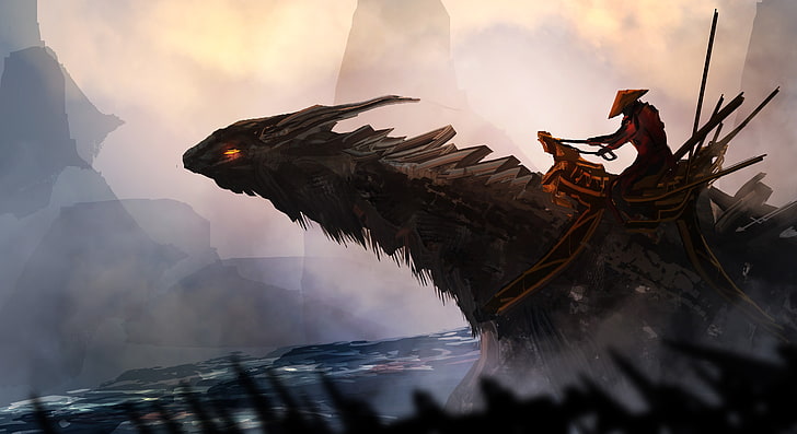 illustration de dragon gris, art fantastique, samouraï, dragon, Fond d'écran HD