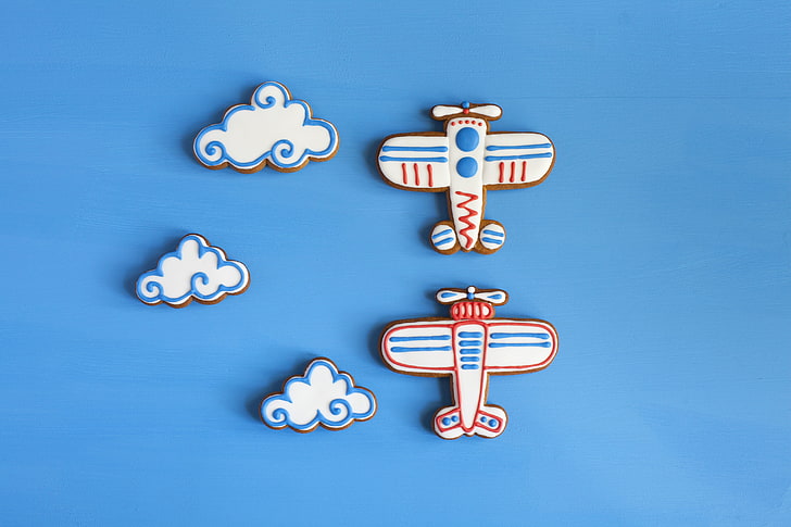 cookies, food, blue, icing, airplane, clouds, HD wallpaper