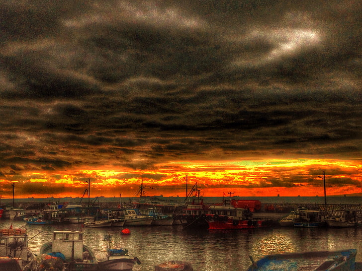 sunset, boat, sea, horizon, clouds, HD wallpaper