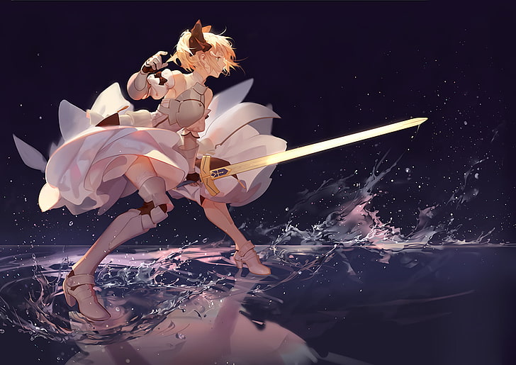 female in white dress holding sword anime, anime girls, sword, Fate Series, blonde, Saber Lily, gauntlets, armor, ribbon, artwork, Fate/Unlimited Codes, anime, dress, reflection, Saber, women with swords, triple screen, water, ponytail, thigh-highs, HD wallpaper