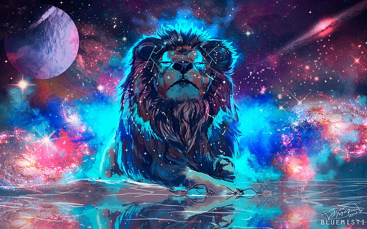 artwork, fantasy art, lion, animals, big cats, space, stars, planet, HD wallpaper
