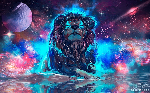  artwork, fantasy art, lion, animals, big cats, space, stars, planet, HD wallpaper HD wallpaper