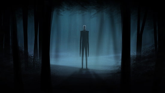 Slender Man тапет, Slender Man, призрачен, произведения на изкуството, нощ, тъмно, дървета, HD тапет HD wallpaper