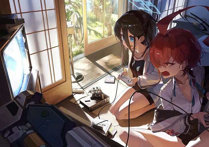 Blue Archive, controllers, anime girls, indoors, Mikamo Neru, Tendou Arisu, playing, PlayStation 2, television sets, ahoge, video games, fans, wooden floor, window, tatami, consoles, HD wallpaper