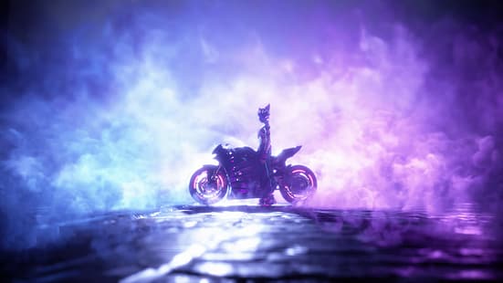 Han Juri, Street Fighter, sepeda motor, helm dengan klakson, latar belakang ungu, latar belakang biru, Wallpaper HD HD wallpaper