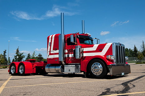 czerwono-biały ciągnik siodłowy, pojazd, Peterbilt, ciężarówka, Tapety HD HD wallpaper