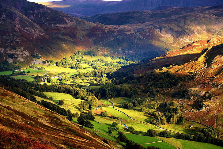 nature, landscape, mountains, valley, trees, field, village, sunlight, England, HD wallpaper