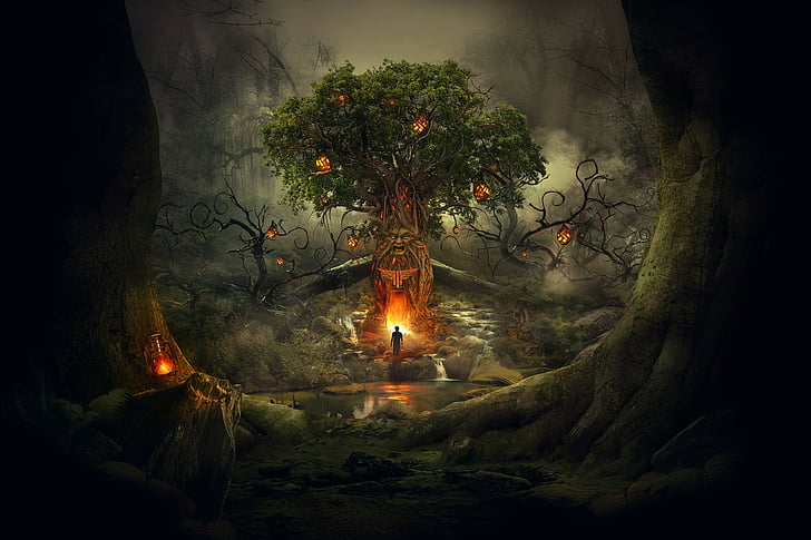 green tree, Dream, Island, Scary, Tree, Lanterns, Alone, HD, 4K, HD wallpaper