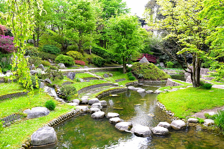 water stream with tress on sides, grass, trees, pond, stones, France, Paris, garden, the bridge, Albert-Kahn Japanese gardens, HD wallpaper