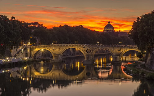 روما نهر تيبر جسر سانت أنجيلو في إيطاليا غروب الشمس الأحمر السماء الغيوم خلفية سطح المكتب عالية الدقة لأجهزة الكمبيوتر المحمول والهواتف المحمولة والتلفزيون 3840 × 2400، خلفية HD HD wallpaper