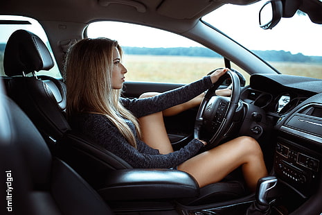 volante preto, loira, sentado, mulheres com carros, bronzeada, retrato, olhando para longe, Citroën, perfil, interior do carro, dentro de um carro, Dmitriy DGol, HD papel de parede HD wallpaper