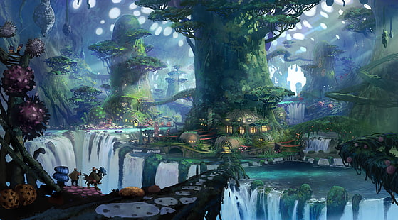 Фантазия, гора, град, дърво, водопад, HD тапет HD wallpaper