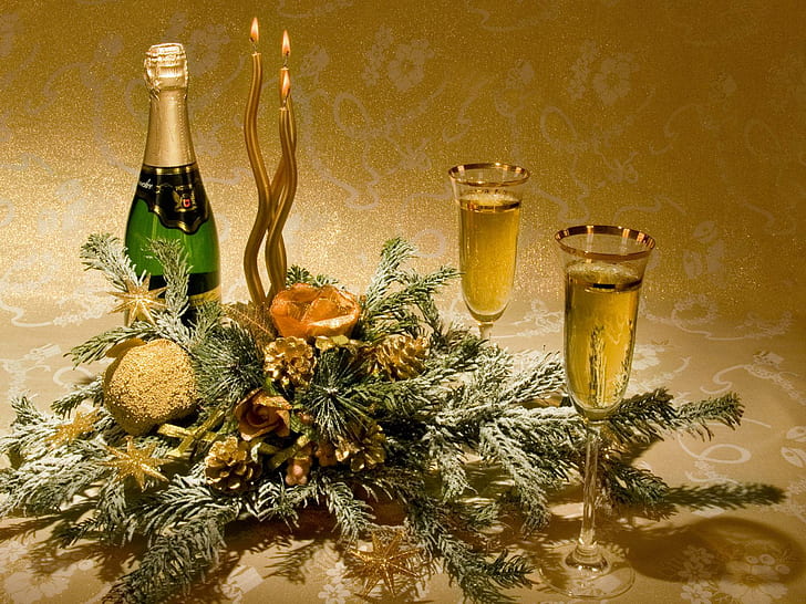 noël, nouvel an, sapin, ornements, champagne, bougies, noël, nouvel an, sapin, ornements, champagne, bougies, Fond d'écran HD