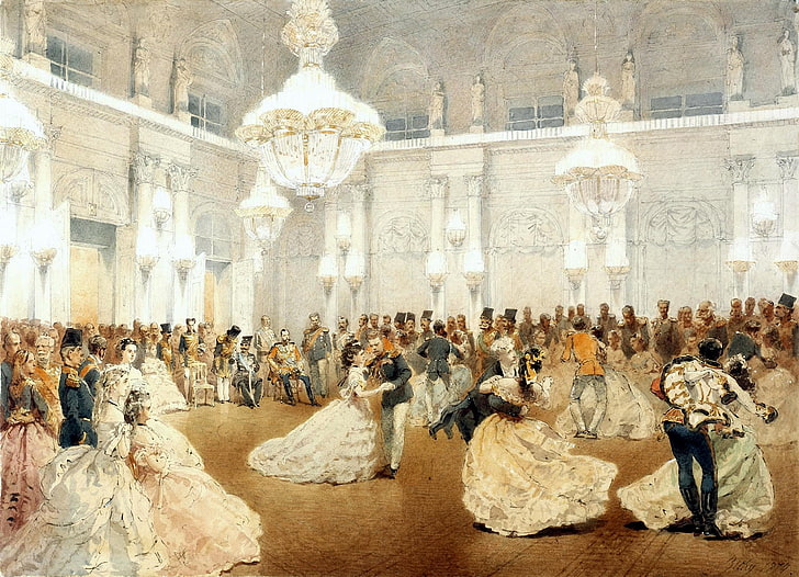 Pintura de salão de dança da era vitoriana, pessoas, quadro, bola, a coroação, Michael Zichy, HD papel de parede
