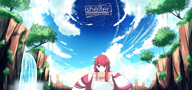 anime, anime girls, abri, Rin (Shelter), nuages, cheveux longs, yeux rouges, rousse, ciel, eau, Fond d'écran HD HD wallpaper