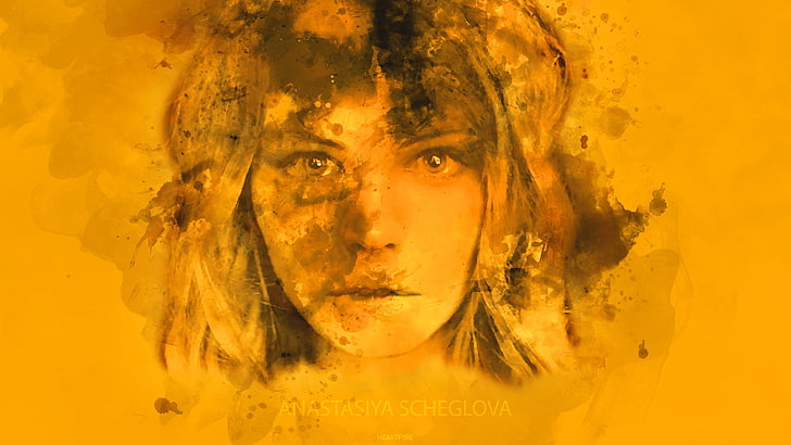 portrait, aquarelle, orange, fond orange, Anastasia Scheglova, Fond d'écran HD