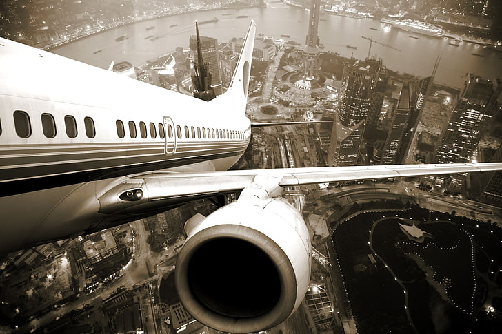 white airplane, flying, aircraft, sepia, aerial view, cityscape, city, planes, HD wallpaper