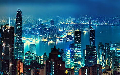pandangan mata burung lampu kota, Hong Kong, lansekap, lanskap kota, Wallpaper HD HD wallpaper