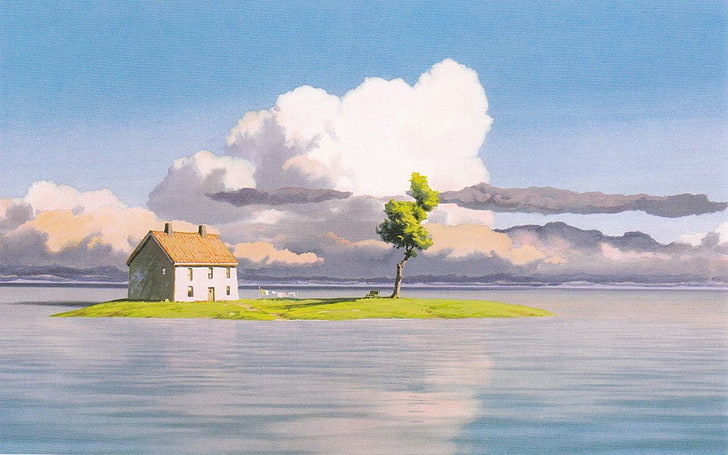 brown and white house and island illustration, island, house, flood, anime, Studio Ghibli, HD wallpaper