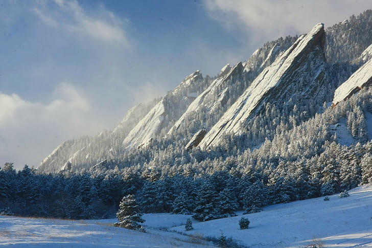 berge, natur, schnee, bäume, landschaft, flatirons, felsbrocken, colorado, HD-Hintergrundbild