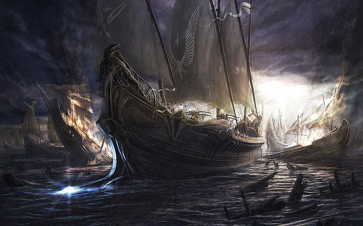 malowanie łodzi pirackiej, żaglowca, sztuki fantasy, dzieła sztuki, ciemności, pojazdu, statku, morza, ognia, Tapety HD