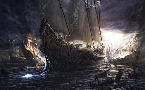 painting of pirate boat, sailing ship, fantasy art, artwork, dark, vehicle, ship, sea, fire, HD wallpaper HD wallpaper