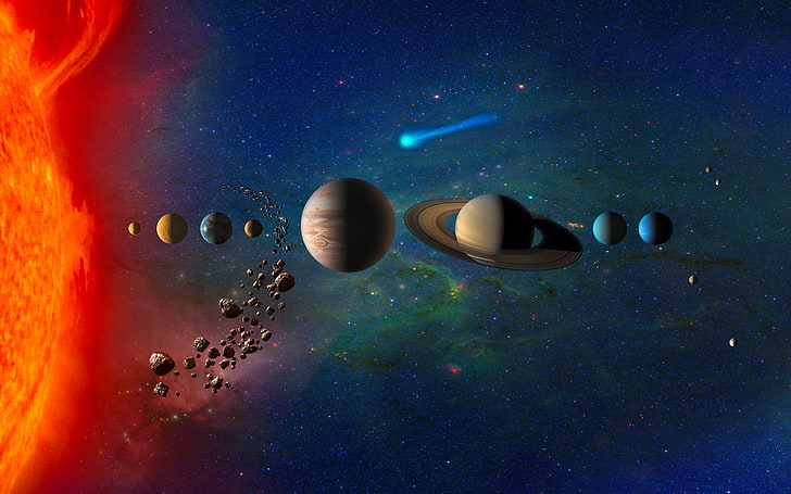 Solar System, planet, Saturn, stars, asteroids, comet, Earth, Mars, Jupiter, Neptune, Mercury, Venus, Uranium, KOMOS, Solar System, Digital Universe, Planets in Solar System, HD wallpaper