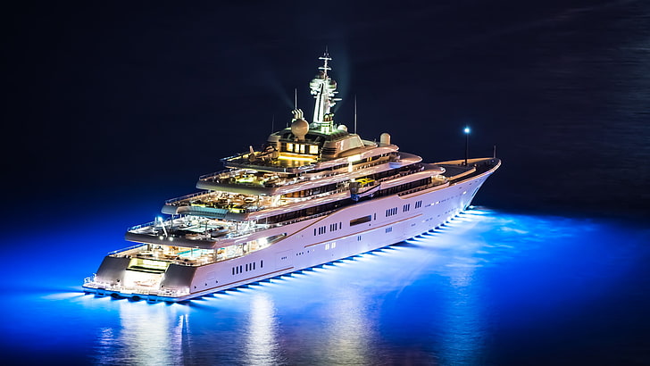 bateau de croisière blanc, nuit, lumières, hélicoptère, Eclipse, yachts, Eclips, super yacht, méga-yacht, yacht, méga-yachts, méga-yachts, Fond d'écran HD