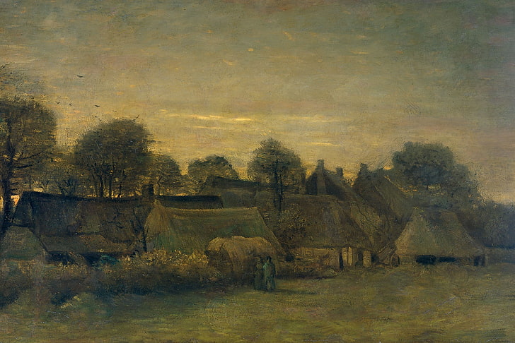 rumah, minyak, gambar, Vincent van Gogh, The Village In The Evening, Wallpaper HD