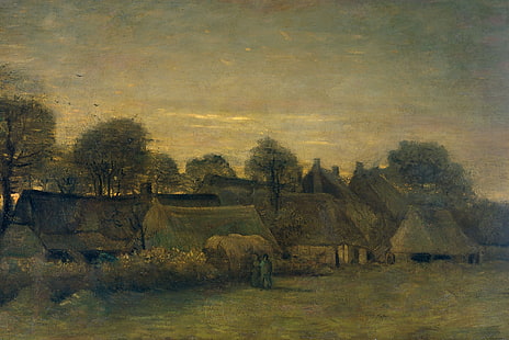 casa, olio, foto, Vincent van Gogh, The Village In The Evening, Sfondo HD HD wallpaper