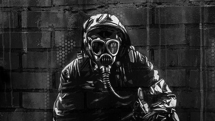 black gas mask, surface, wall, graffiti, texture, mask, machine, gas mask, Stalker, military, equipment, brick, survivors, wallpaper., street art, beautiful background, HD wallpaper