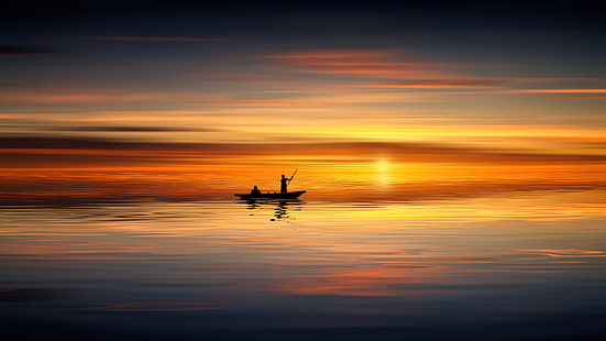 cielo naranja, puesta de sol, horizonte, resplandor crepuscular, pescador, tarde, hora dorada, barco, calma, mar, vuelo, reflexión, océano, Fondo de pantalla HD HD wallpaper