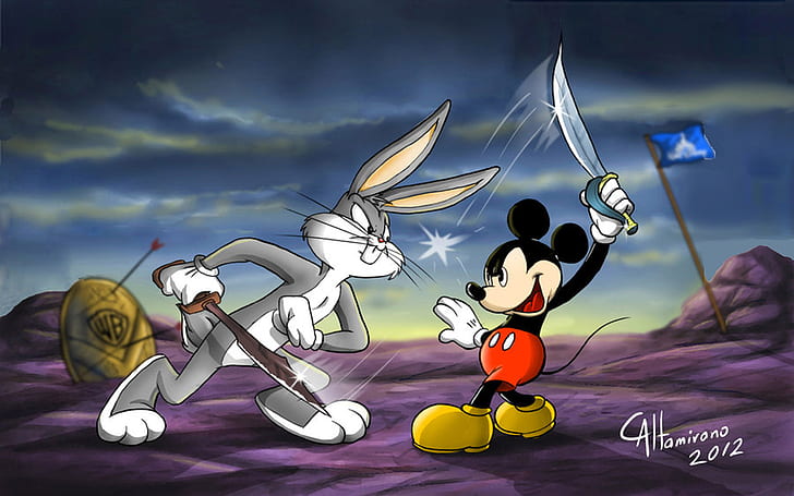 Cartoons Bugs Bunny Mickey Mouse Battle Fencing Game Desktop Wallpaper Hd 1920×1200, HD wallpaper