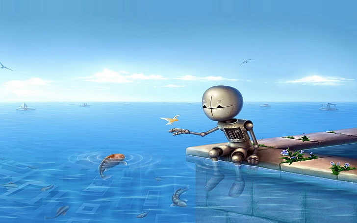 робот сидит в окружении рыб, робот, вода, птица, рыба, небо, HD обои