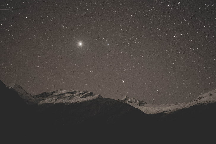 mountains, snow, stars, night sky, landscape, HD wallpaper