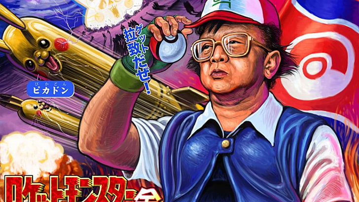 boné vermelho masculino, Kim Jong-il, Pokémon, Pikachu, Poké Balls, obras de arte, HD papel de parede