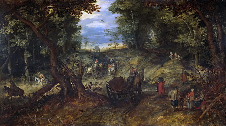 дървета, пейзаж, хора, картина, Ян Брейгел по-големият, Горски път с каруците и конници, HD тапет