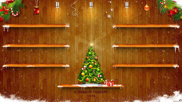 multicolored Christmas tree wallpaper, light, snow, tree, new year, texture, shelves, 2014, HD wallpaper