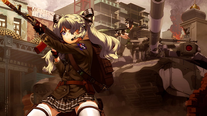 женска пушка, носеща персонаж, аниме момичета, аниме, оръжие, резервоар, AK-47, оригинални герои, пистолет, военни, пола, HD тапет