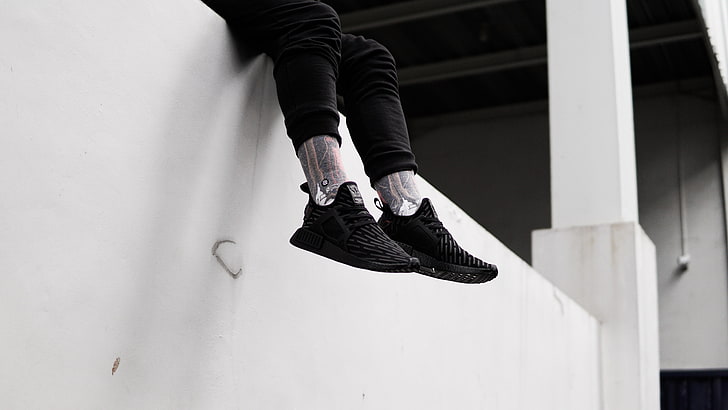 pair of black sneakers, sneakers, legs, shoes, HD wallpaper