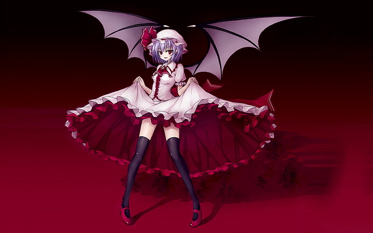 purple-haired female anime character, аnime, girl, dress, bat, mouse, stockings, red, HD wallpaper