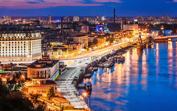 كييف ، المدينة ، أضواء المدينة ، التعريض الطويل ، أوكرانيا، خلفية HD