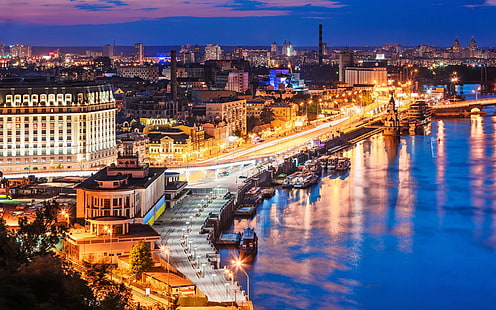 Kiev, ville, lumières de la ville, longue exposition, Ukraine, Fond d'écran HD HD wallpaper