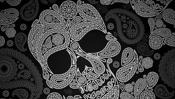 black, black and white, daf of the dead, design, dia de muertos, skull, sugar skull, graphic design, halloween, HD wallpaper
