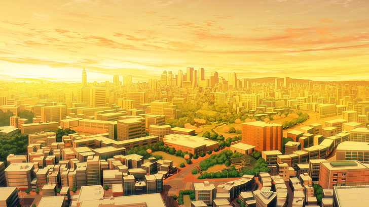veduta aerea della costruzione di animazione, arte digitale, paesaggio urbano, nuvole, edificio, grattacielo, alberi, città, colline, Tokyo, Sfondo HD