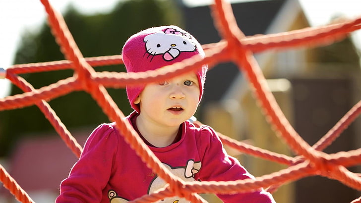 toddler's pink and white Hello Kitty knit cap, baby, grid, game, HD wallpaper