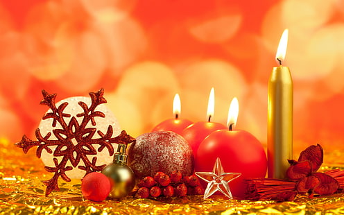 New Year, snow, Christmas ornaments, snowflakes, candles, stars, HD wallpaper HD wallpaper