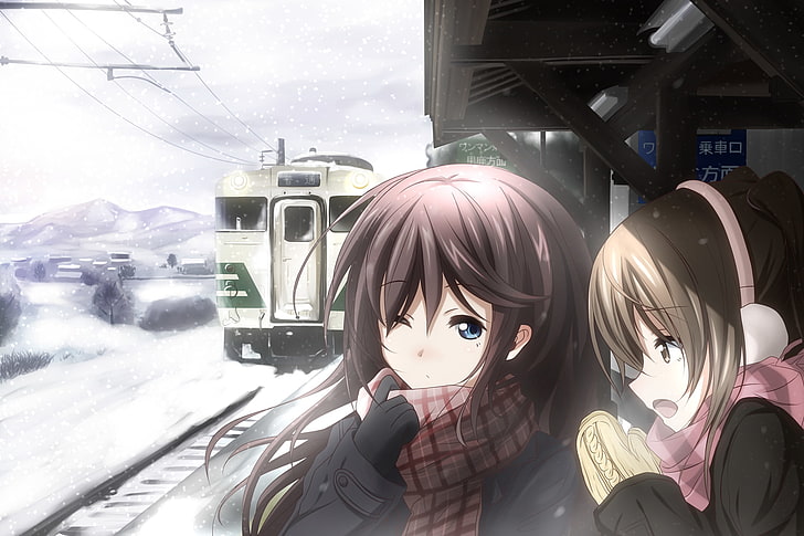 anime girls, cold, winter, train station, HD wallpaper