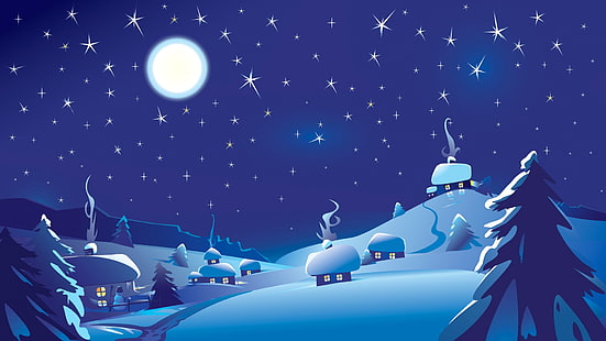 casa coberta de neve durante a noite ilustração, arte digital, natureza, lua, estrelas, céu, noite, nuvens, azul, arte da fantasia, arte vetorial, paisagem, inverno, neve, pinheiros, colinas, casa, luzes, brilhando, fumaça, HD papel de parede HD wallpaper
